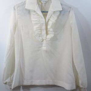 Provincetown Blouse Ivory Secretary Geek Vintage 80s Size 12 Ruffle Sheer Popove